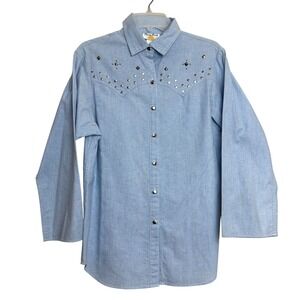 Vintage Western Chic Studded Chambray Denim Shirt Blouse Womens 10 Cowboy Rodeo